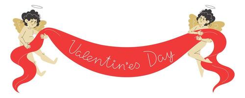 Two Cupids holding a red ribbon with the text Valentines Day for a romantic celebration vector