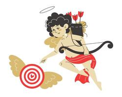 Cupid with arrows and a bow reaching for the target board for shooting on Valentine's Day vector