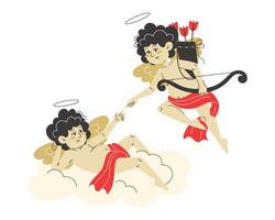 Cupid with arrows and bow reaching out to another Cupid lying on a cloud for Valentine's Day vector