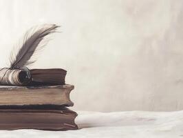 A stack of vintage books with a quill, evoking a sense of nostalgia and literary charm. photo