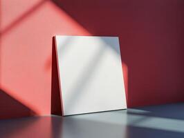 A blank canvas leaning against a red wall, illuminated by soft light. photo