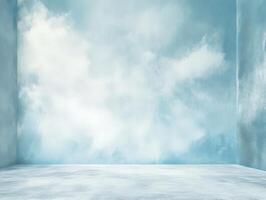 A serene, empty room with a soft blue sky and clouds, creating a tranquil atmosphere. photo
