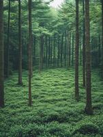 serene forest scene with tall trees and lush green undergrowth. photo