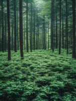 A serene forest with tall trees and lush green undergrowth. photo