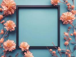 A decorative frame surrounded by flowers on a blue background, ideal for presentations. photo