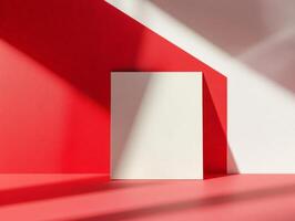 A minimalist composition featuring a blank white canvas against a red backdrop. photo