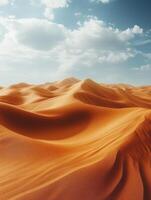 A vast desert landscape with rolling sand under a blue sky and fluffy clouds. photo