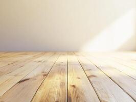 A bright, empty room with wooden flooring and a warm light source. photo