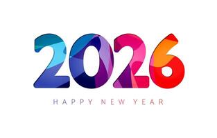Happy New Year 2026 greeting card concept in minimalist style. Colorful elements. 3D cut paper graphic design. Cover template. Fiscal year 2026 business symbol. Internet number icon. Isolated sign. vector