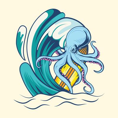 Octopus with Surfing beach water wave summer design.