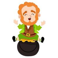 A cheerful red-haired leprechaun in a green suit laughs and sits on a pot with gold coins vector
