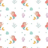 Seamless pattern with cute cartoon mermaids and sea shells. for children's products. vector