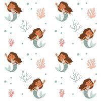 Seamless pattern with cute cartoon mermaids and sea shells. vector
