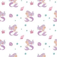 Seamless pattern with cute cartoon mermaids and sea shells vector