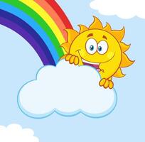 Happy sun peeking from behind a fluffy cloud with a rainbow in the background, cheerful cartoon illustration vector