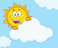 Graphic illustration of a sun with a friendly expression, emerging from behind a white cloud vector
