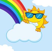 Happy sun with a blue sky, clouds, and a bright rainbow, symbol of summer vibes vector