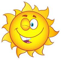Funny yellow sun with a playful wink, smile, and warm golden rays, joyful illustration vector