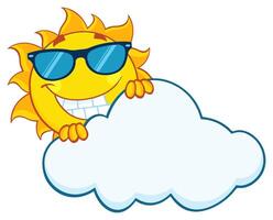 Cartoon sun with dark sunglasses and a playful expression, hiding behind a cloud vector