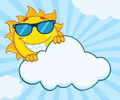 Cartoon sun with a confident expression, hiding behind a cloud on a blue background vector
