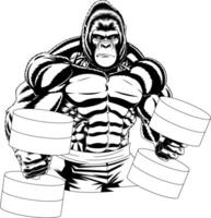 Aggressive strong gorilla with a ripped physique holding large weights vector