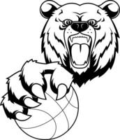 Black and white angry bear with an open mouth holding a basketball in a dynamic pose vector