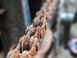 A close-up of a rusty bicycle chain shows the intricate details of wear and decay. The textures and colors highlight the passage of time. photo