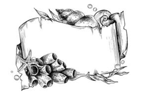 Paper banner scroll, in marine theme with underwater animals, shells, seaweed, corals, starfish and bubbles. Graphic illustration hand drawn in black ink. Template, frame, board EPS vector