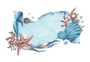 Paper banner scroll, in marine theme with underwater animals, shells, seaweed, corals, starfish and bubbles. Watercolor hand drawn illustration. Rectangular horizontal frame, banner, template for text vector