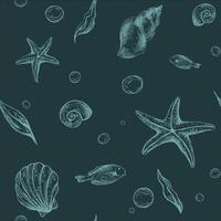Seashells, starfish, seaweed, fish and bubbles. Graphic illustration hand drawn. Seamless pattern EPS on a green background. for fabric, textile, prints, design and decoration. vector