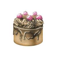 Chocolate cake with icing and cream with pink candies. Watercolor illustration. An isolated object from a large set of SWEETS. For the design, design and composition of the logo, advertising, menus vector