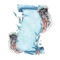 Paper banner scroll, in marine theme with underwater animals, jellyfish, seaweed, starfish and bubbles. Watercolor hand drawn illustration. Rectangular vertical frame, banner, template for text vector