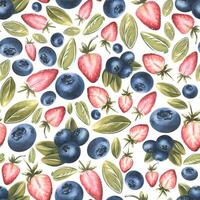 Strawberries, blueberries and leaves on a white background. Watercolor illustration. Seamless pattern from a large set of SWEETS. For fabric, kitchen textiles, wallpaper, wrapping paper, menus vector
