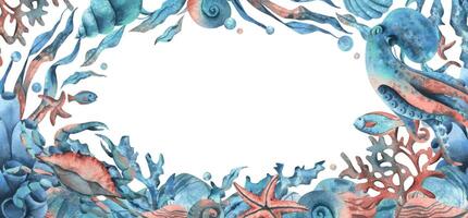 Underwater world with sea animals, octopus, crab, shells, corals, fish, seaweed, starfish and bubbles. Hand drawn watercolor illustration. Marine rectangular horizontal frame, banner, template vector