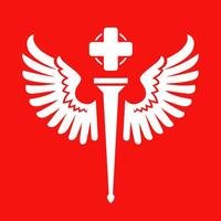 Symbol of medicine with wings on a red background. vector
