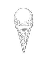 illustration of ice cream in a cone. Hand drawn realistic illustration of cold sweetness, dessert ice cream scoop in a cone. Menu design and decoration, cafe. graphics, doodle style. vector