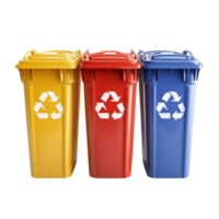 Three Colorful Trash Cans with Recycle Labels, Promoting Environmental Responsibility png