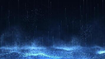 Futuristic digital animation with swirling blue particles and light beams against a dark atmospheric background. Streaming data cyber technology concept. video