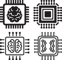 black and white icons sets depicting different types of AI chips vector