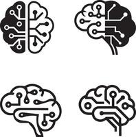 Set of line art illustrations of human brains with integrated circuit designs. vector