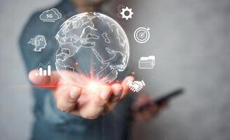 Global management network connection on social networking concept, Businessman technology and digital marketing. photo