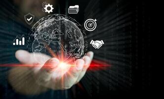 Man holding light bulb with virtual Global Internet connection. photo