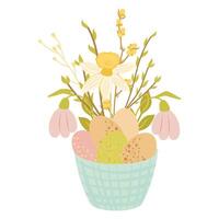 Easter basket with easter eggs and flowers, hamper with eggs, snowdrops illustration vector