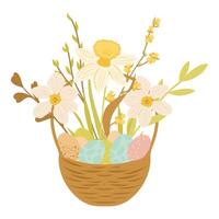 Easter basket with easter eggs and flowers, hamper with eggs, wicker, snowdrops illustration vector