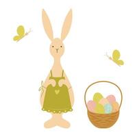 Easter Bunny wearing an apron with a hamper and easter eggs, rabbit with a basket, illustration vector