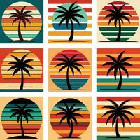 Retro Vintage Palm Tree Sunset, set of beach bundle, palm tree silhouette on retro stripes with a sun background vector