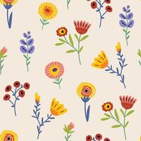 Fashionable seamless pattern with multicolored flowers, leaves and branches on a white background. Flat style illustration vector