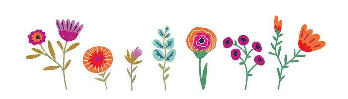 Set of hand drawn floral elements, flat style illustration. vector