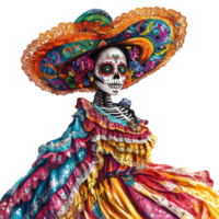 A skeleton in a colorful dress and sombrero png