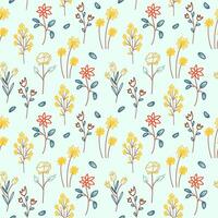 a pattern with flowers and leaves on a blue background vector